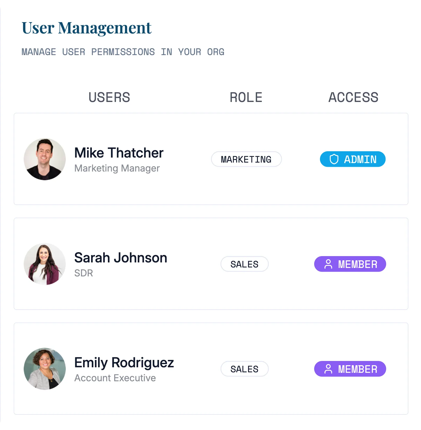 User management list showing each member’s role and access level