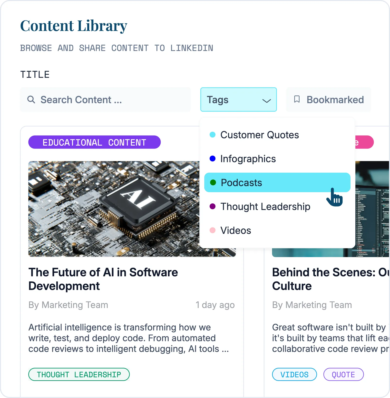 Content library with search, tag filters and shareable posts