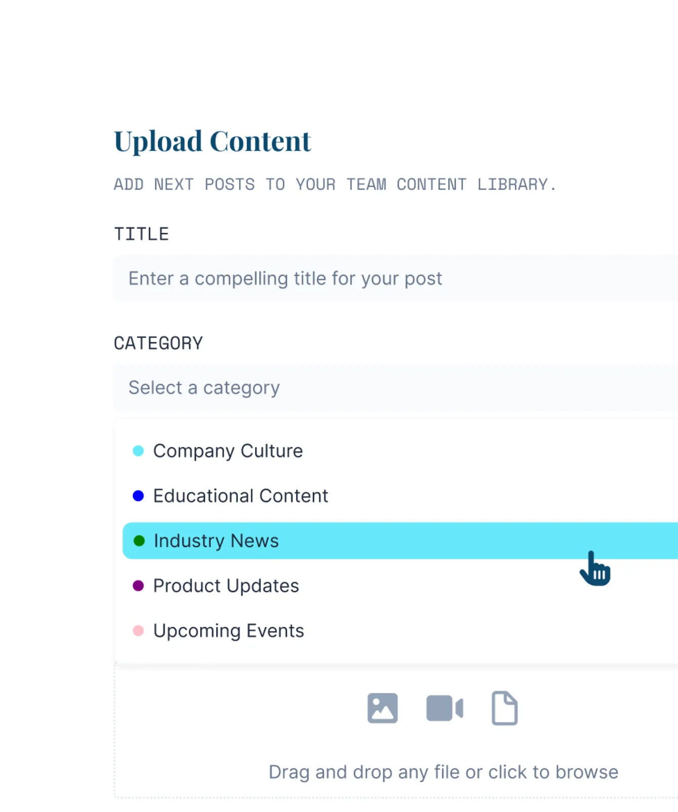 Upload Content form with title, category and file fields