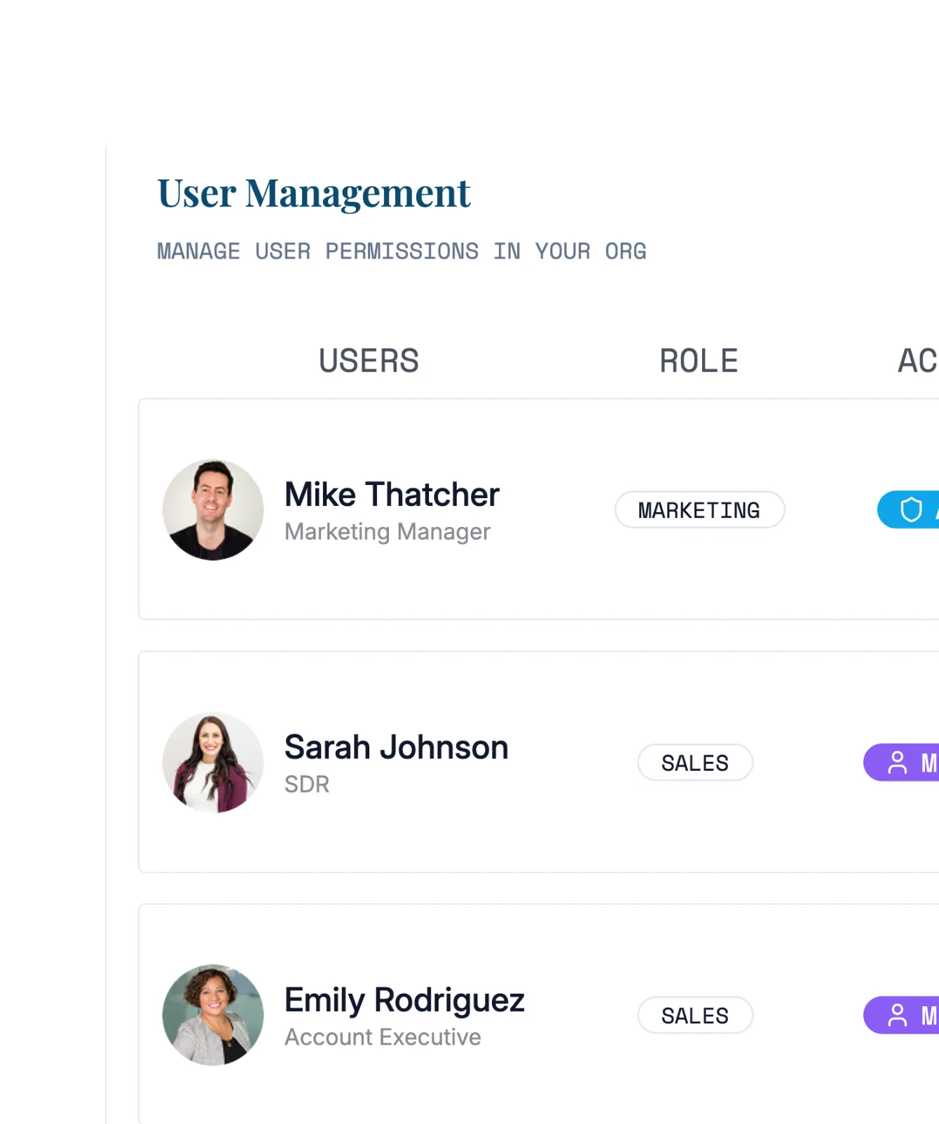 User management list showing each team member’s role and access