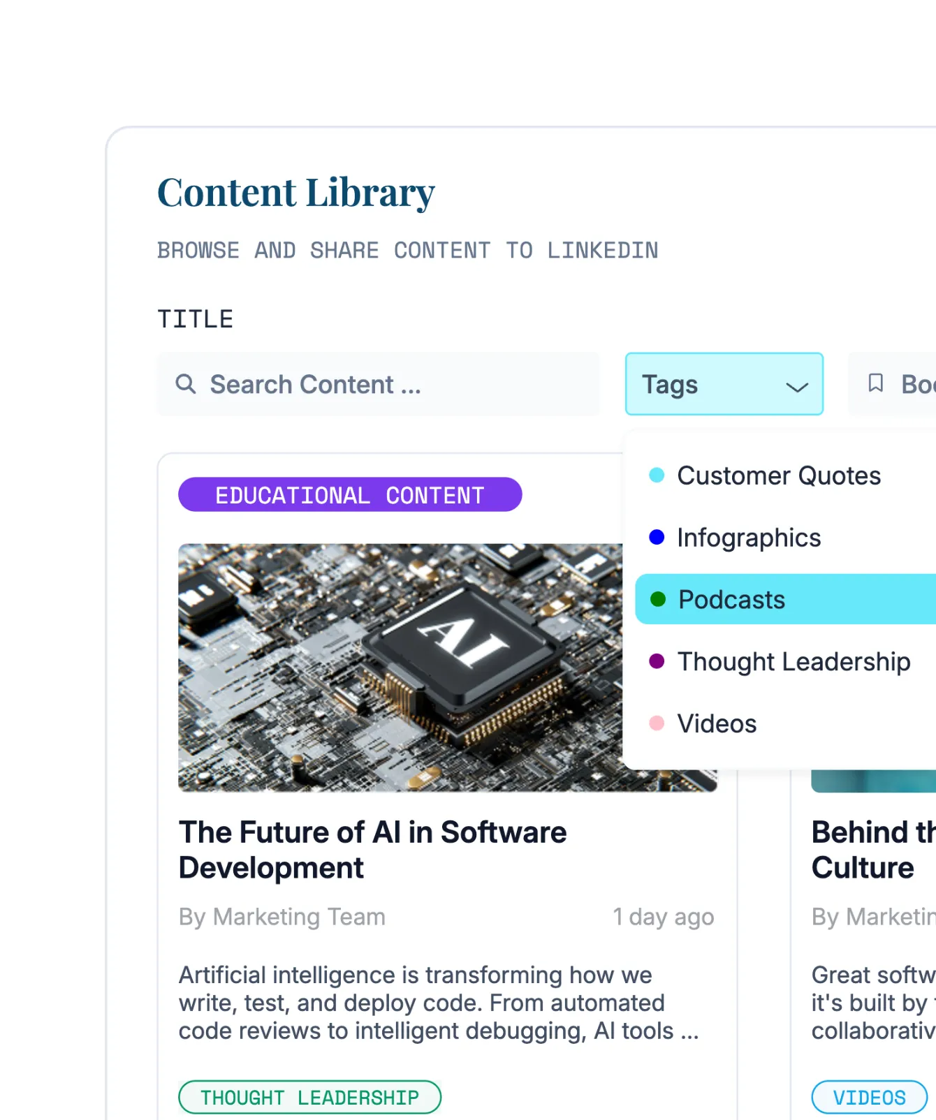Content library with search, tag filters and posts ready to share