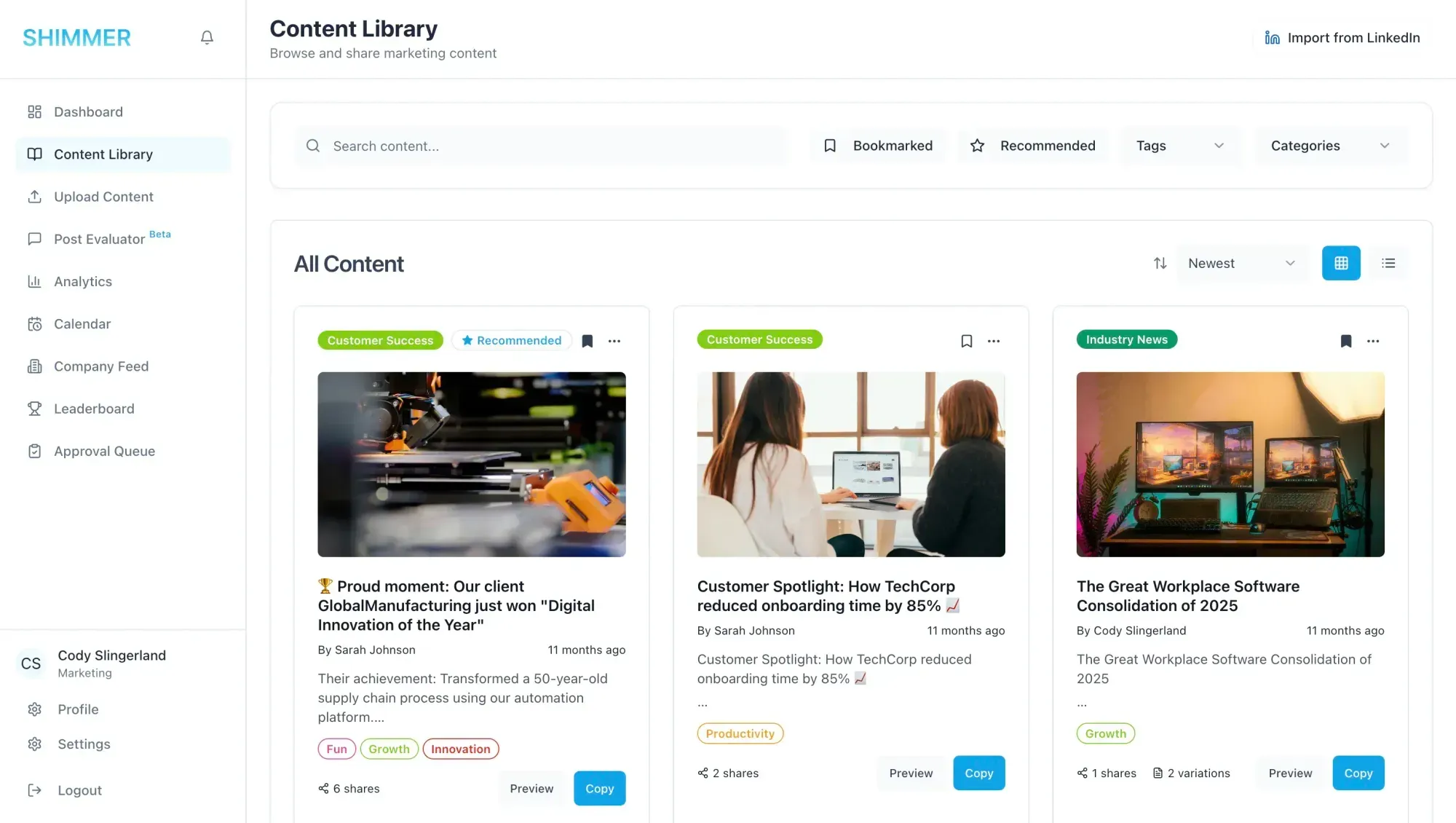 Shimmer Content Library showing marketing posts as cards with category labels, tags, and Preview and Copy buttons